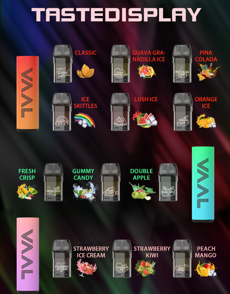 The Vaal CQ3300 vape kits are available in 20 flavors which includes Classic, Guava Granadilla Ice, Pina Colada, Ice Skittles, Lush Ice, Orange Ice, Fresh Crisp, Gummy Candy, Double Apple, Strawberry Ice Cream, Strawberry Kiwi, Peach Mango, Sour Mango, Pineapple Ice, Energy Drink, Vodka Mate, Mixed Berries, Aloe Grape, Blueberry Ice and Mamba.