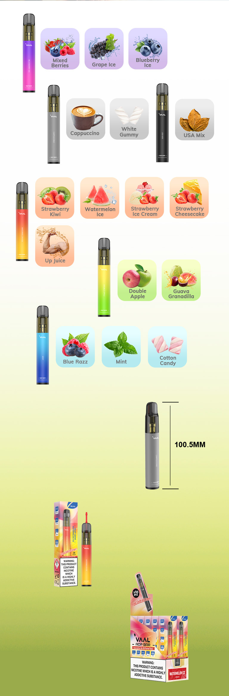 Specification of VAAL AOP BAR disposable vape kit: Up to 1000 puffs, 550mAh battery, 2ml E-liquid Capacity, 1.4ohm mesh coil.