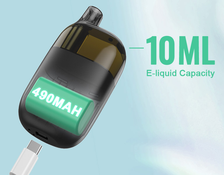 Experience up to 5000 puffs with the generous 10ml e-liquid capacity and a rechargeable battery of 490mAh.