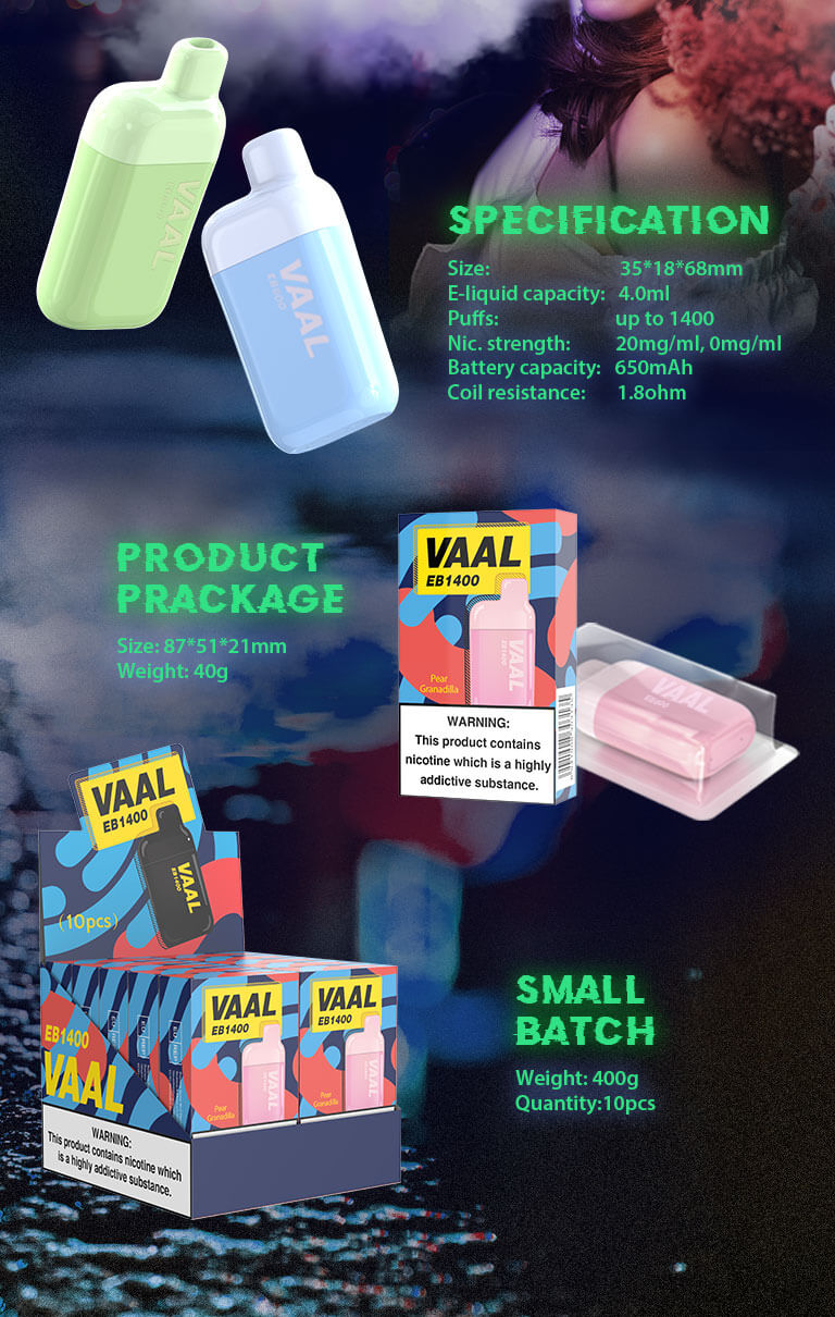 Specification of the Vaal EB1400 disposable vape kit: up to 1400 puffs, 4ml e-liquid capacity, 20mg Nicotine salt or Nicotine Free, 650mAh battery and 1.8ohm coil