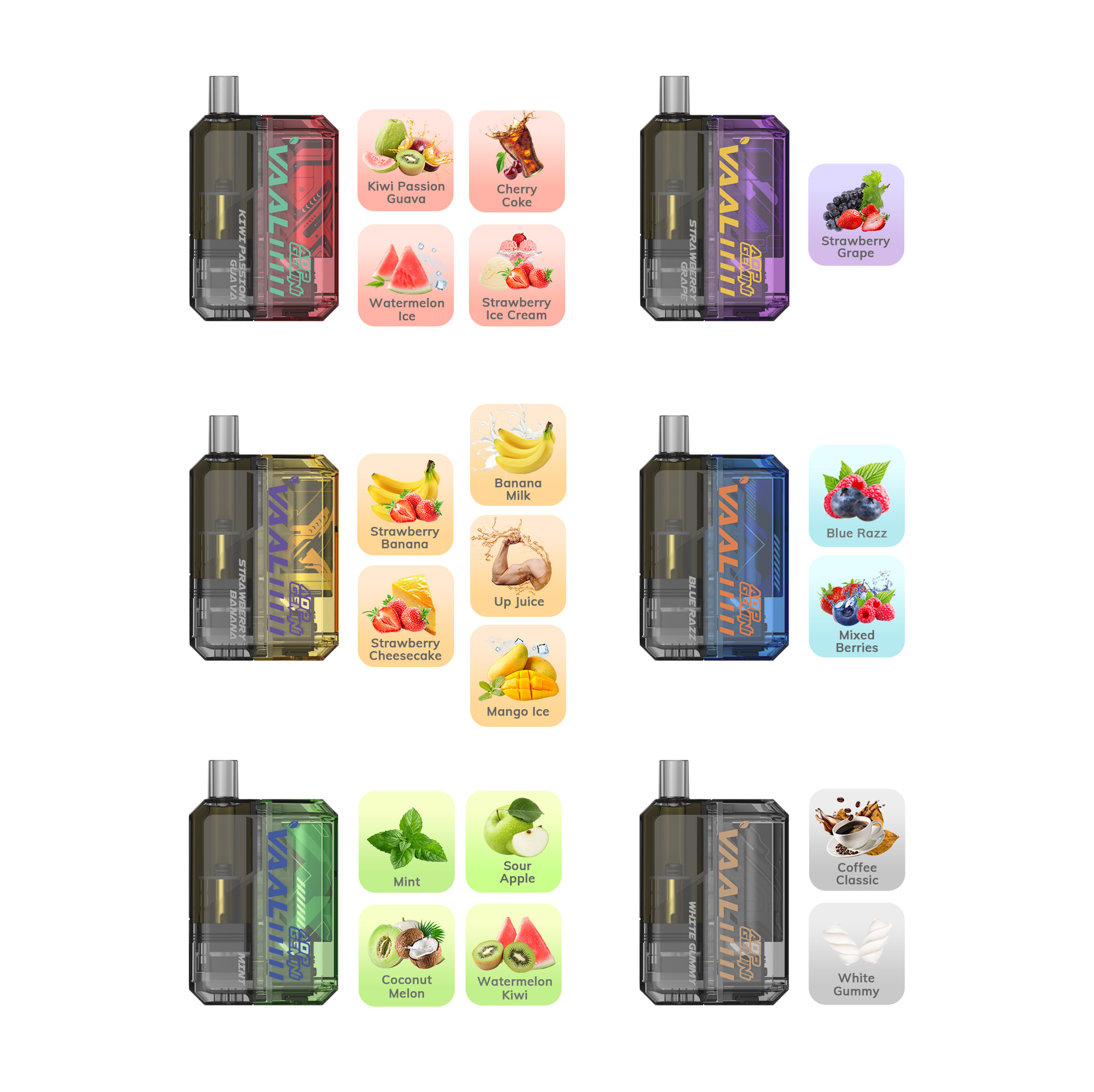 The Vaal AOP Gemini vape kit comes in a variety of flavors, including: Blue Razz, Mixed Berries, Kiwi Passion Guava, Watermelon Ice, Cherry Coke, Strawberry Ice Cream, Strawberry Grape, Mint, Coconut Melon, Sour Apple, Watermelon Kiwi, Strawberry Banana, Banana Milk, Strawberry Cheesecake, Mango Ice, Up Juice, Coffee Classic, White Gummy.