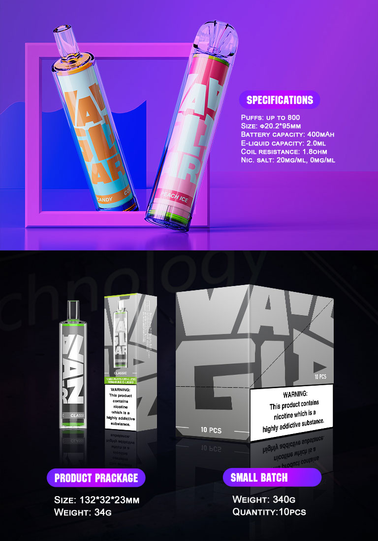 Specification of the Vaal Glaz Bar disposable vape pen: up to 800 puffs, 2ml e-liquid capacity,20mg Nicotine salt or Nicotine Free, 400mAh battery and 1.8ohm coil