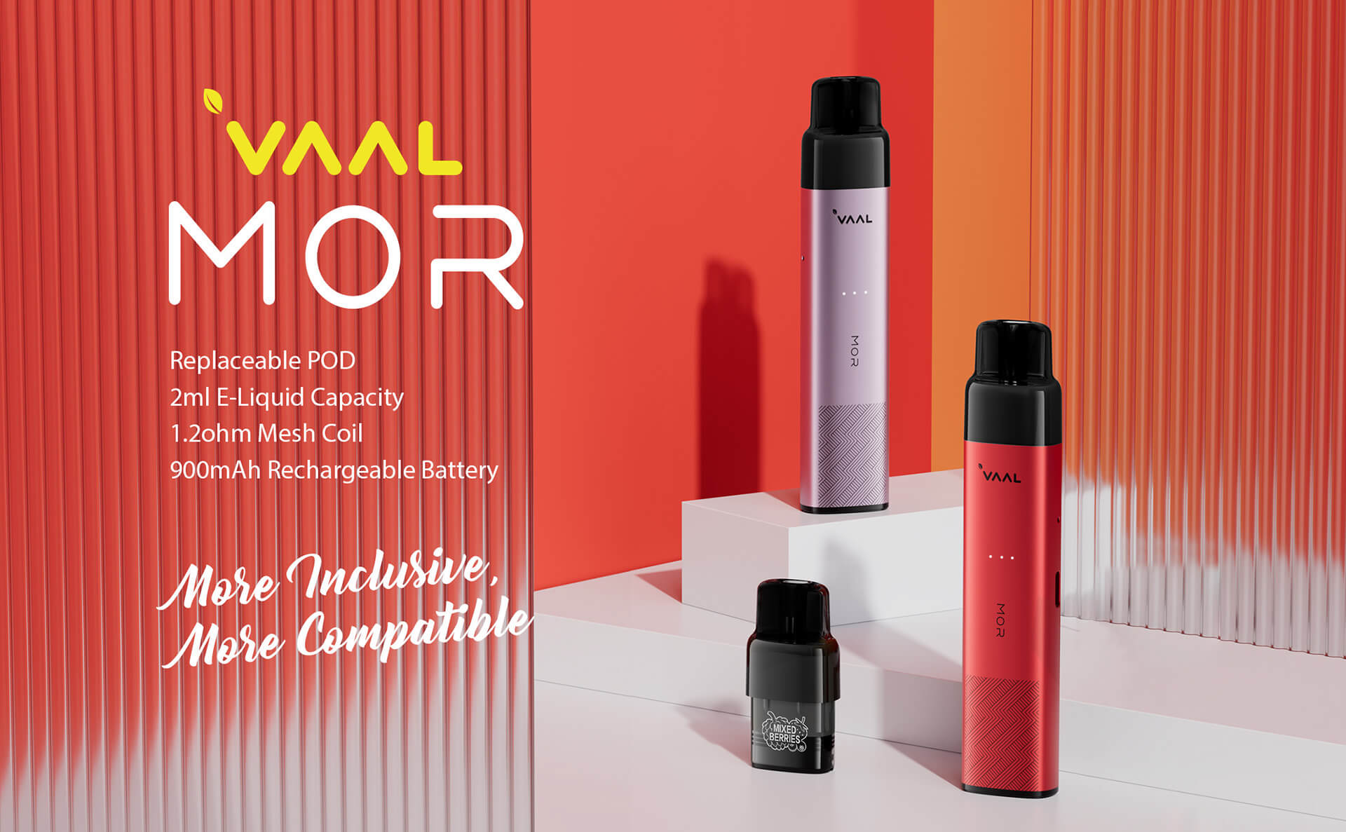 VAAL MOR features a replaceable POD system with 2ml e-liquid capacity, 1.2-ohm mesh coil, 900mAh rechargeable battery, compatibility with all Joyetech EVIO Grip pods, and a variety of pre-filled e-liquid flavors for a versatile vaping experience.