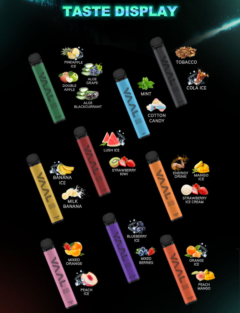 The VAAL 2500M disposable vape kit comes in a variety of flavors, including Pineapple Ice, Double Apple, Aloe Grape, Aloe Blackcurrant, Mint, Cotton Candy, Tobacco, Cola Ice, Energy Drink, Mango Ice, Strawberry Ice Cream, Orange Ice, Peach Mango, Lush Ice, Strawberry Kiwi, Blueberry Ice, Mixed Berries, Banana Ice, Milk Banana, Mixed Orange, and Peach Ice.